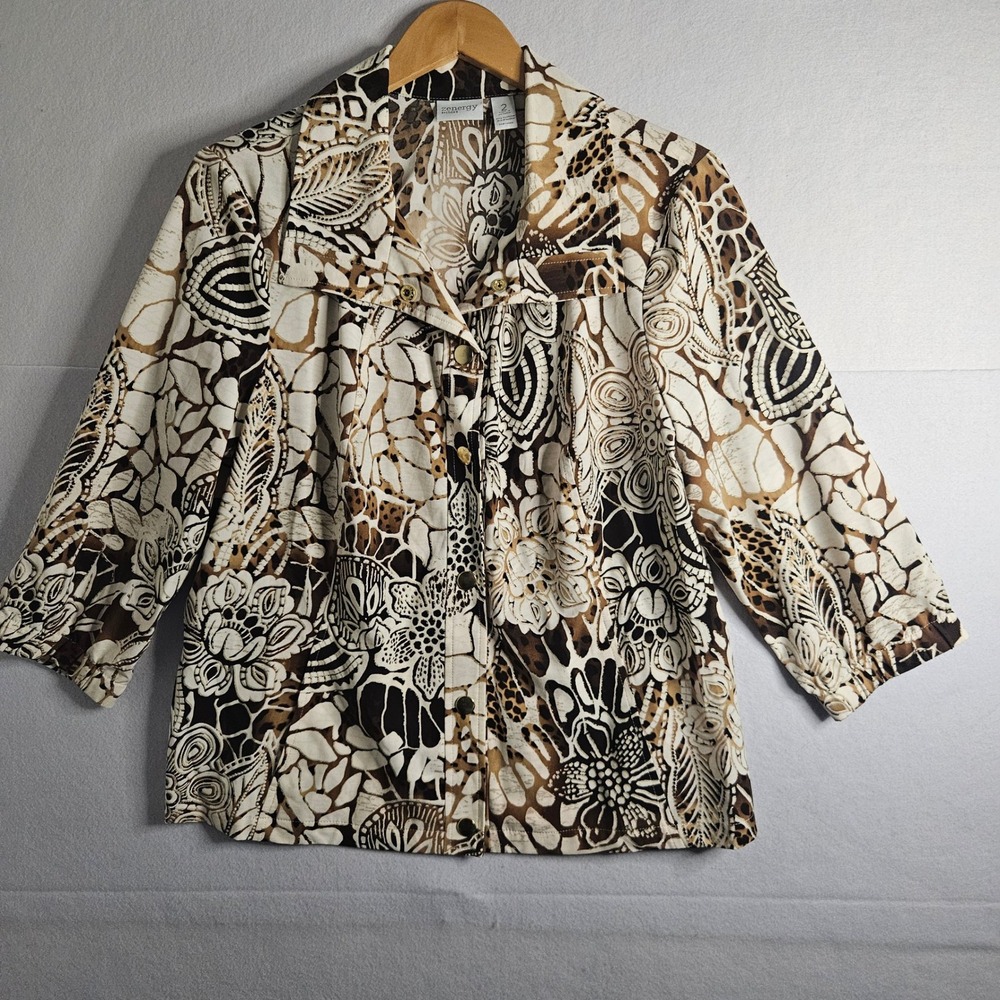 Zenergy by Chicos Brown Cream Abstract Floral Animal Print Jacket Gold Accents 2